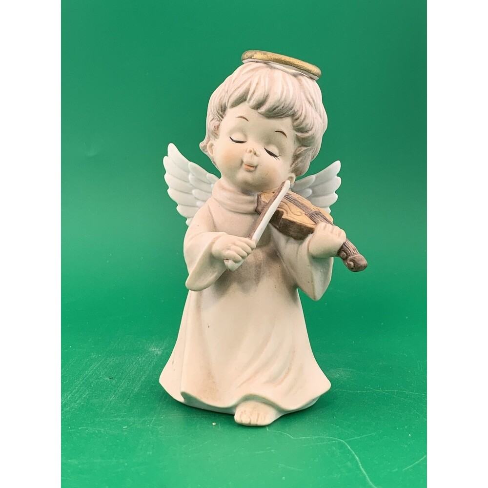 Vintage The Christopher Collection Angel Figurine White Porcelain Violin Lefton